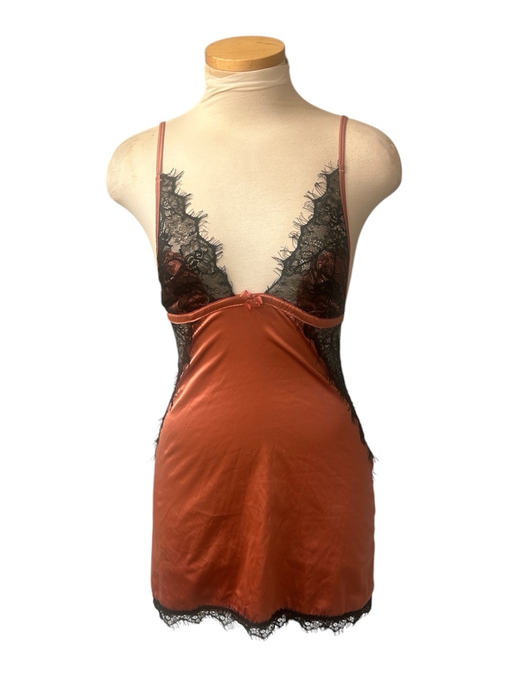 Frederick's of Hollywood Rust Satin Slip with Black Lace and Low Back Size Small
